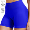A pair of royal blue high-waisted knit fitness shorts shown on a model's lower torso.