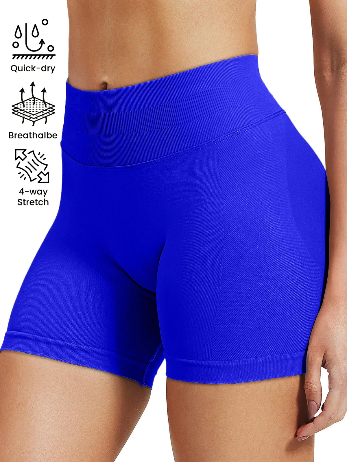 A pair of royal blue high-waisted knit fitness shorts shown on a model's lower torso.