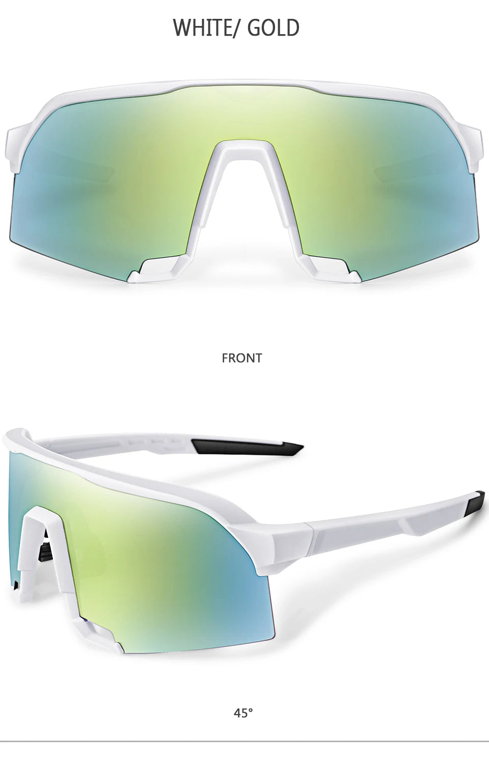 White and gold polarized cycling sunglasses shown from the front and a 45-degree angle.