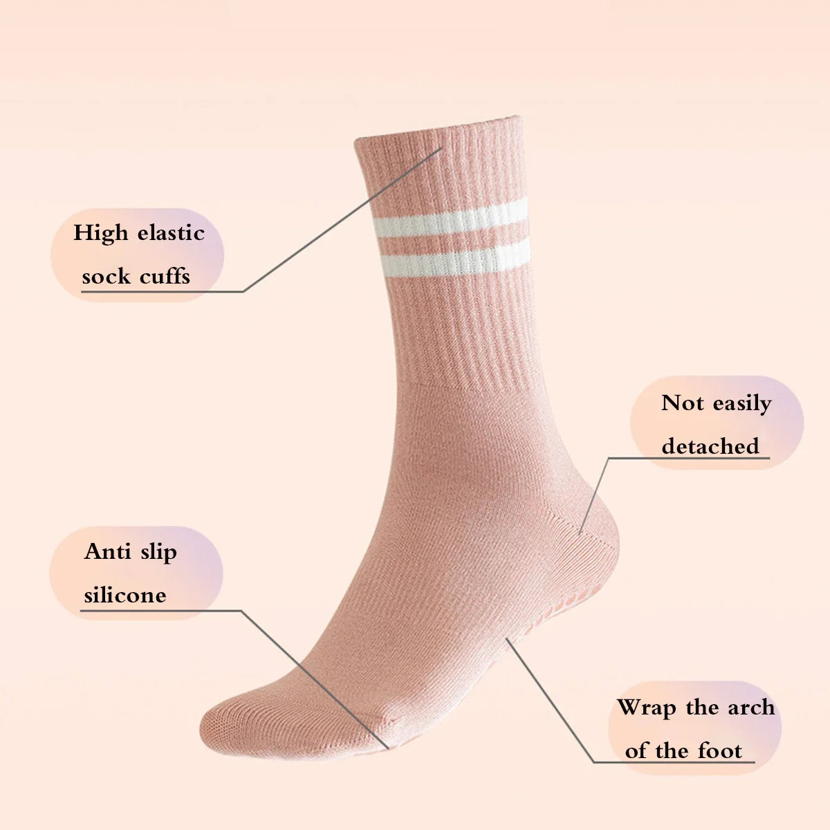 A close-up of a pink Pilates grip sock showing features like elastic cuffs, anti-slip silicone, and arch support.