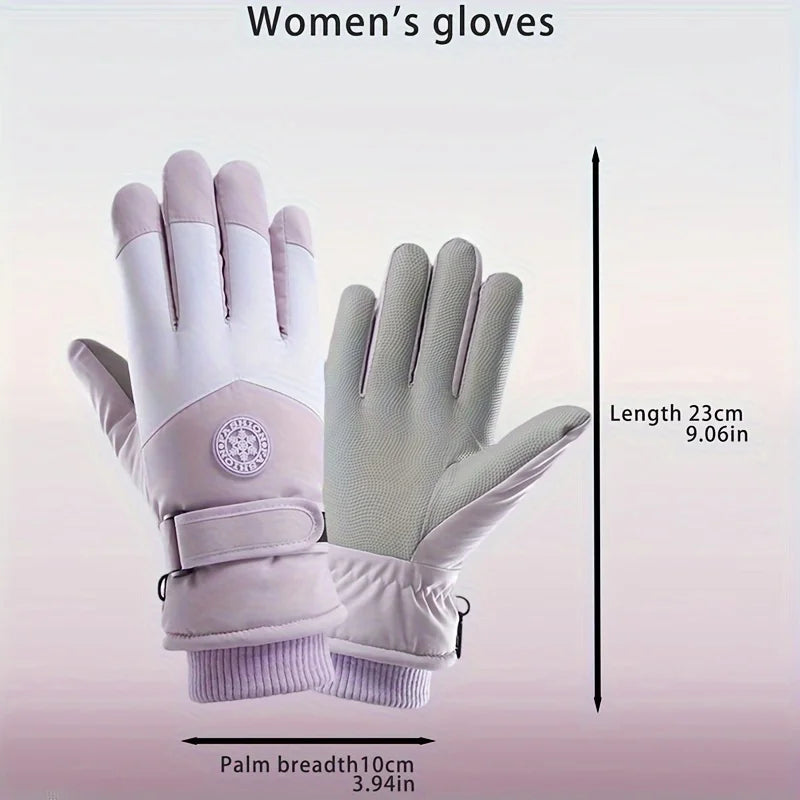 A pair of light pink insulated touchscreen windproof winter gloves shown against a white background.