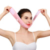 A woman is demonstrating a pink face slimming lifting strap designed for double chin treatment.