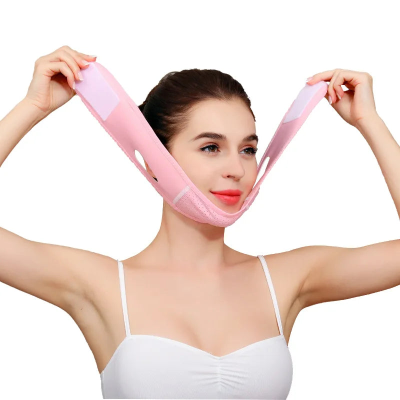 A woman is demonstrating a pink face slimming lifting strap designed for double chin treatment.