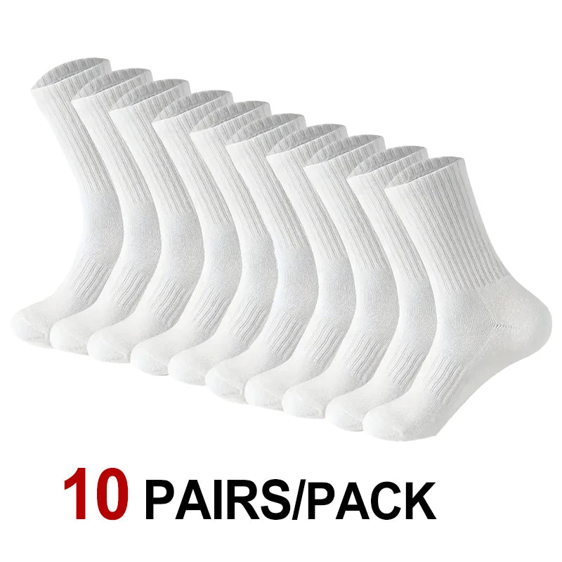 A pack of ten pairs of white knee-high performance socks displayed in a row.