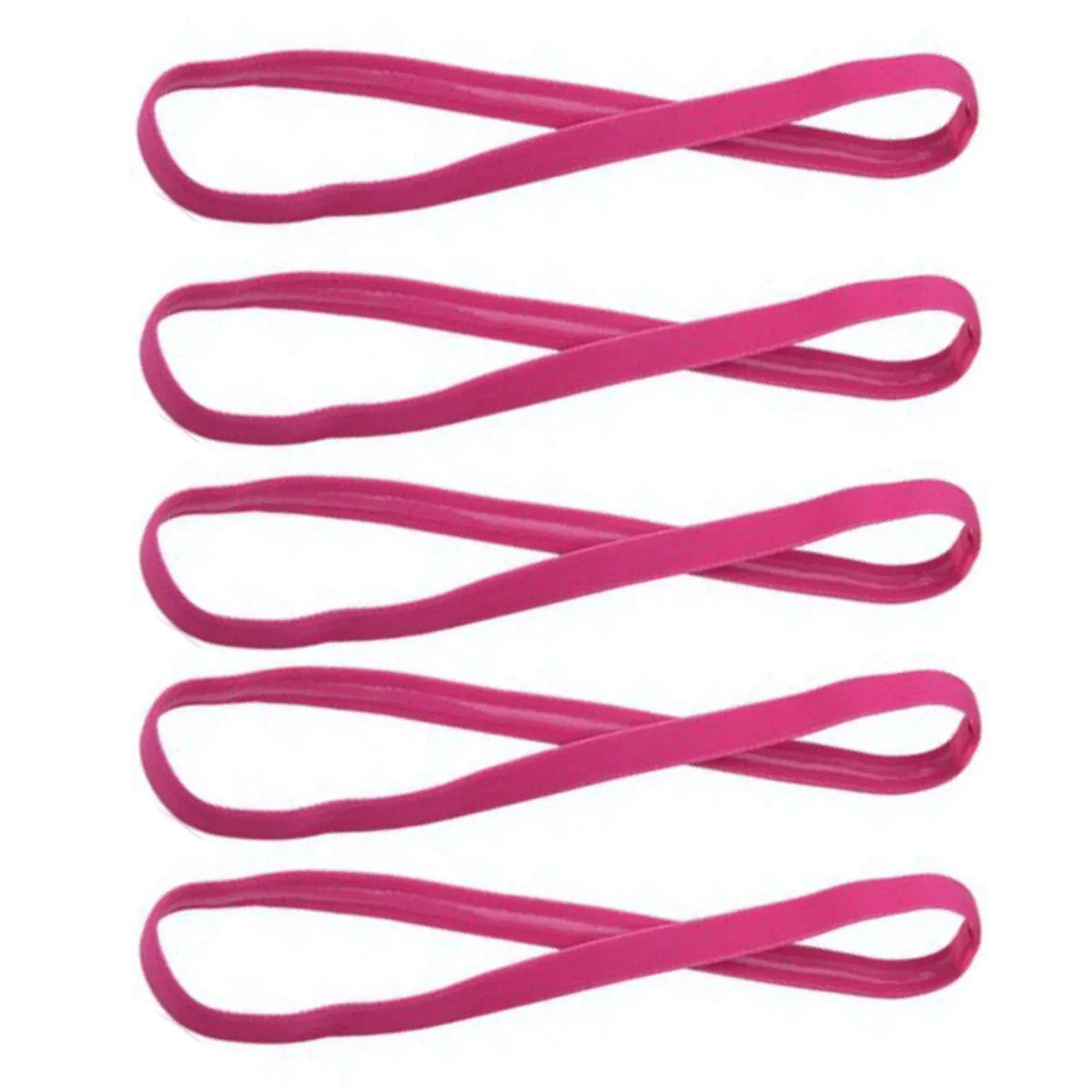 A pack of five pink elastic silicone sports headbands.