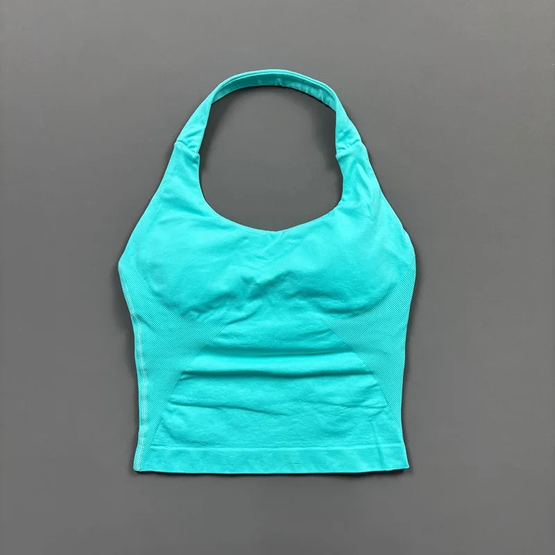 Helles türkis-Seamless-Strick-Sport-BH mit Rundhalsausschnitt und figurbetontem Design.
