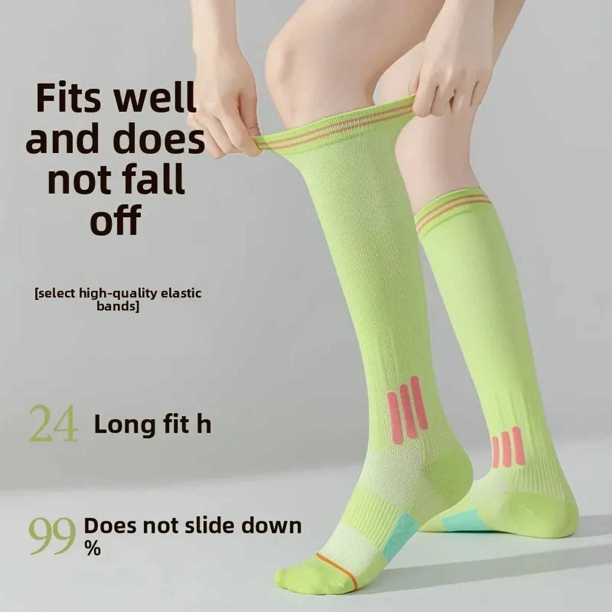 A person is wearing bright lime green graduated compression knee high socks, demonstrating a fit that does not fall off.