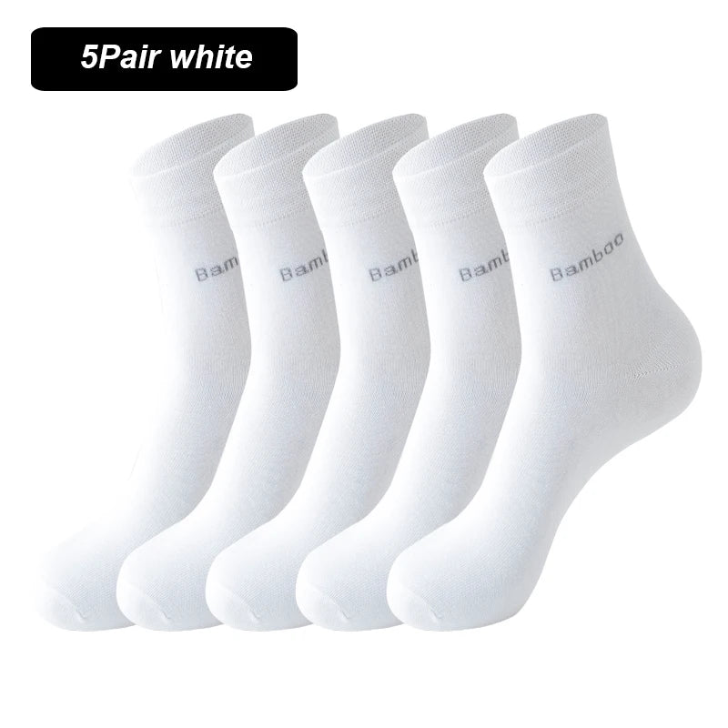 A pack of five white bamboo fiber socks displayed together.
