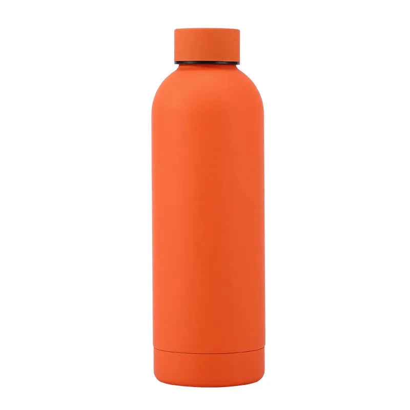 An orange insulated stainless steel thermos cup with a black lid.