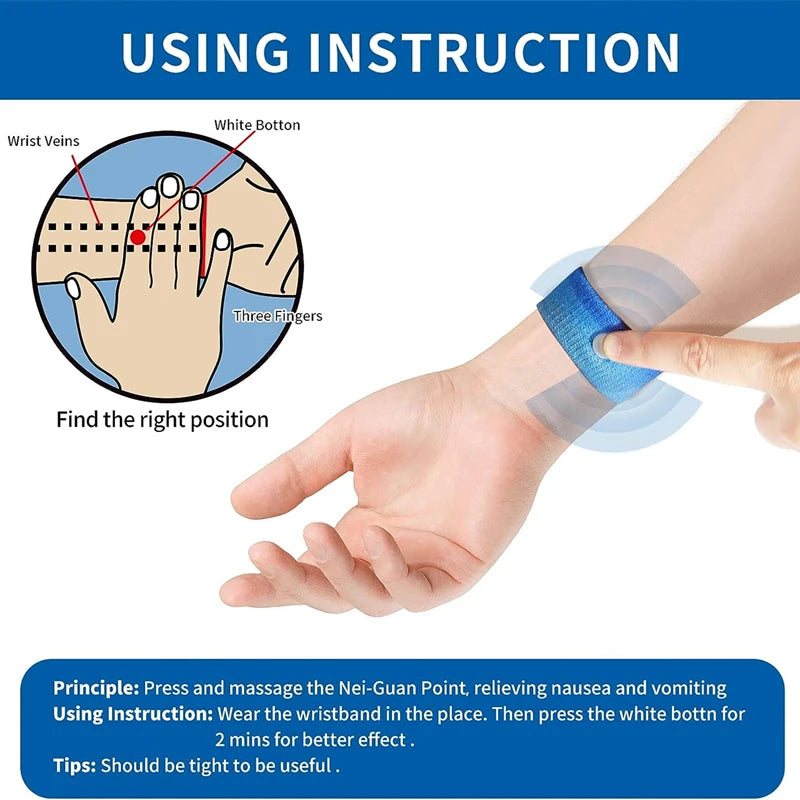Diagram showing how to use anti-motion sickness wristbands by pressing the Nei-Guan point on the wrist.