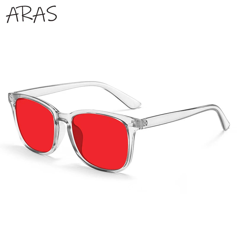 A pair of red anti-blue light glasses with clear frames shown against a white background.