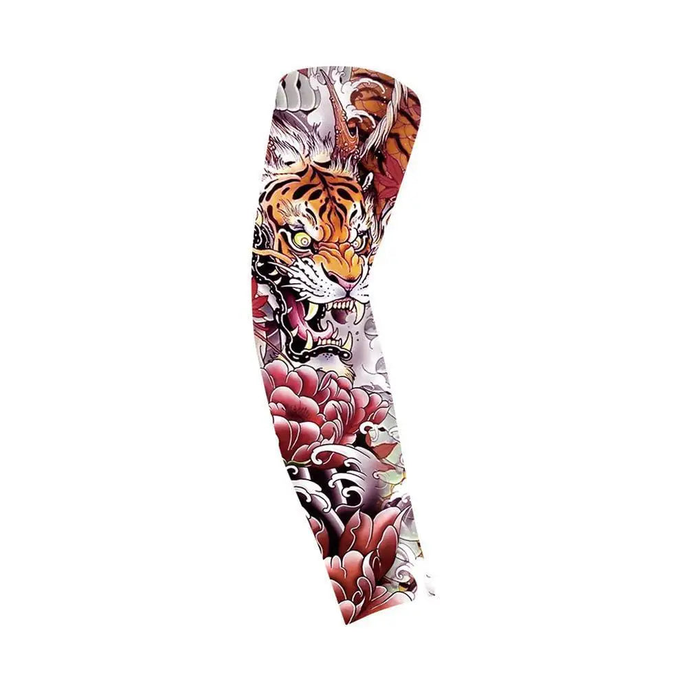 A close-up of an ice silk sun protection arm sleeve featuring a detailed tiger print design.