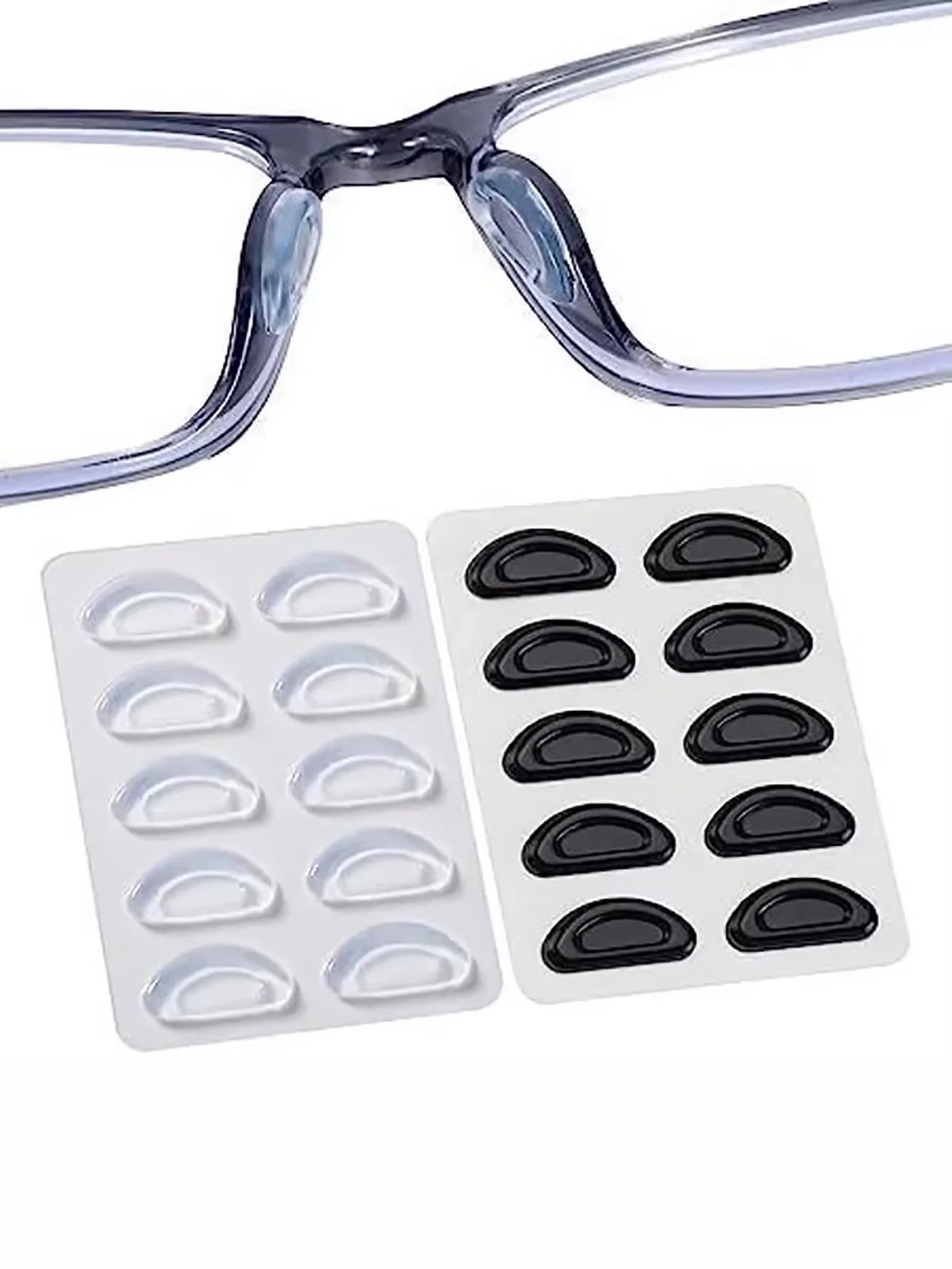 Clear silicone anti-slip nose pads for eyeglasses, packaged in a white plastic tray.