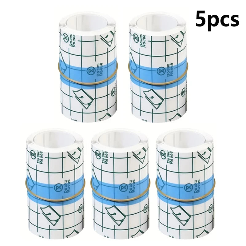 Five rolls of transparent self-adhesive finger protection tape in white and blue patterns.