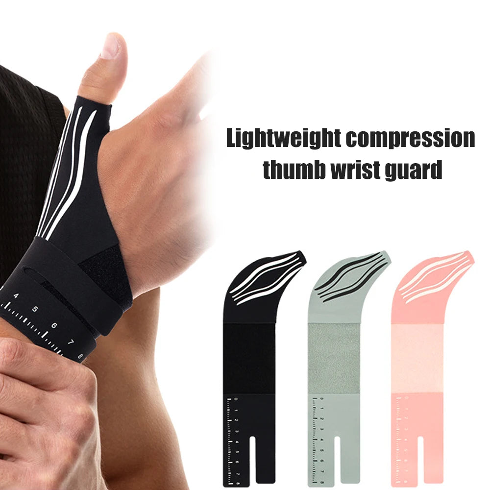Lightweight compression thumb wrist guard shown on a hand, with variations in color and size.