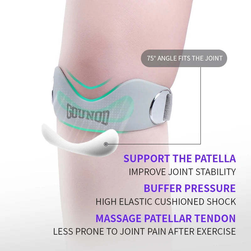Silicone knee support strap worn on the lower leg, designed to fit a 75 degree angle and support the patella.