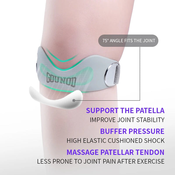 Silicone knee support strap fitting the joint with a 75 degree angle for stability and massage.