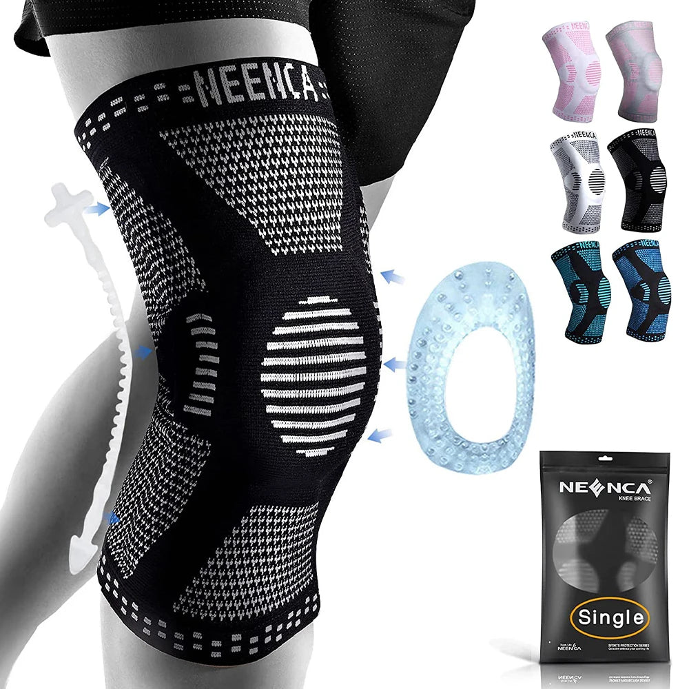 Black knee brace with silver mesh pattern and a clear silicone insert for pain relief