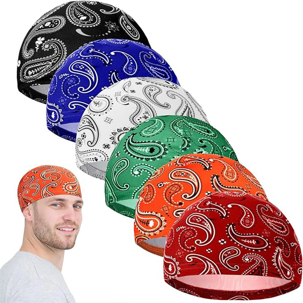 A collection of colorful printed headscarf caps displayed next to a man's head.