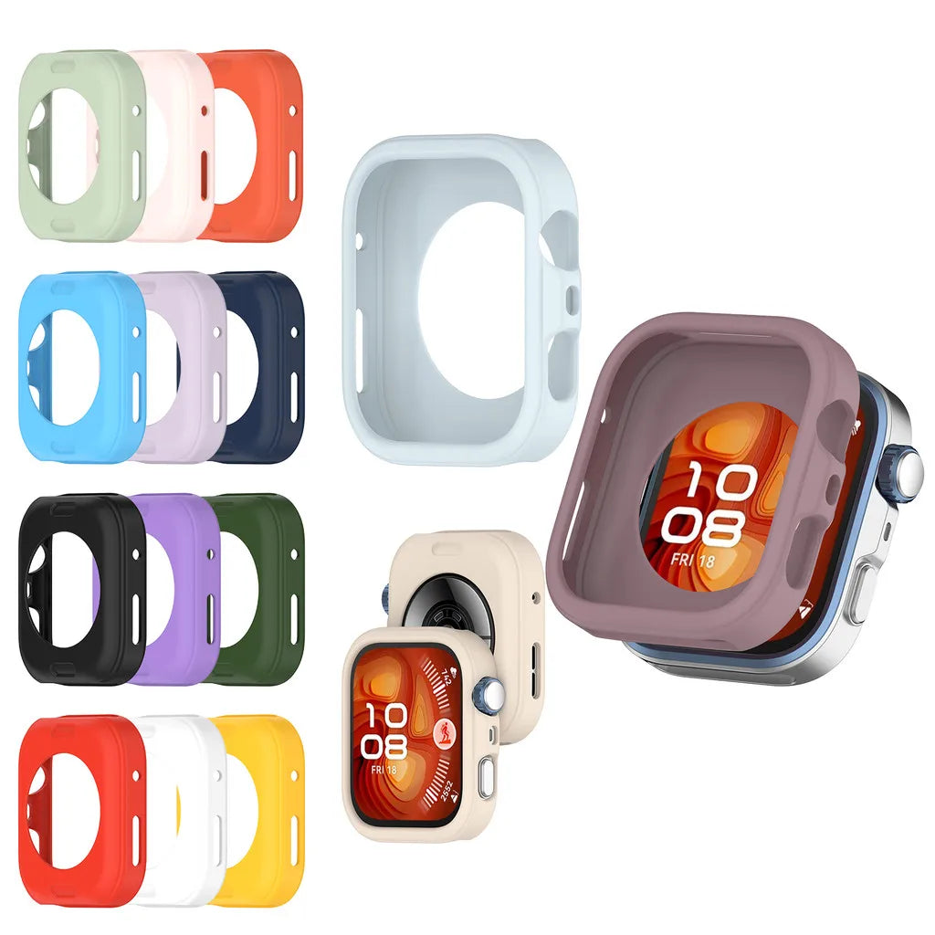 Collection de coques protectrices en silicone de différentes couleurs pour une Huawei Watch Fit 4 et Pro, vues sous différent