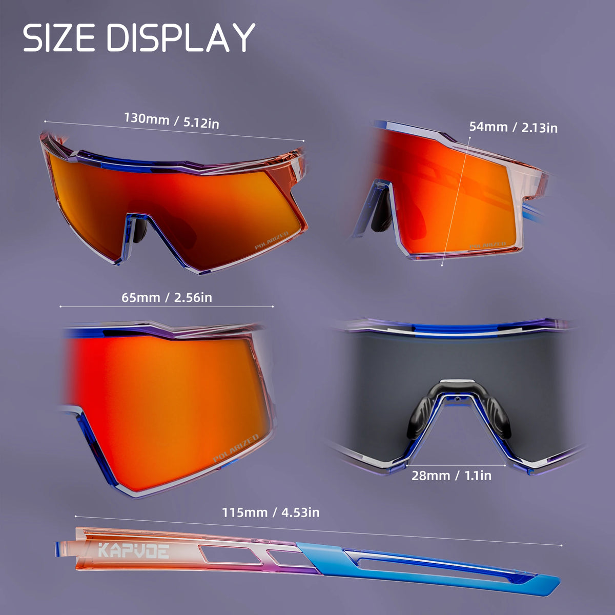 Display of various sizes and angles of Kapvoe sports sunglasses with polarized lenses