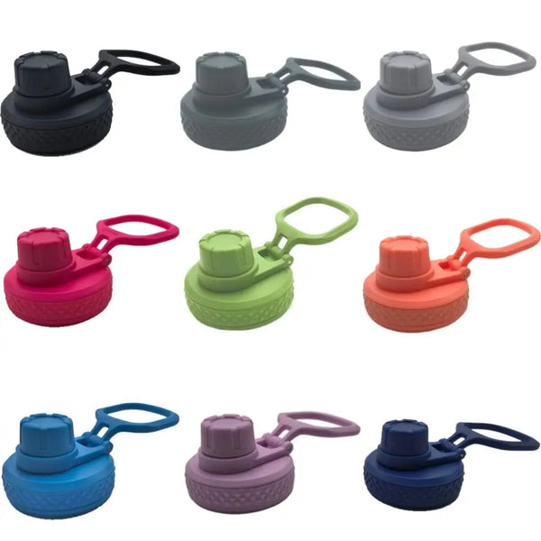 A collection of leakproof silicone lids in various colors including black, gray, pink, green, orange, purple, and blue.