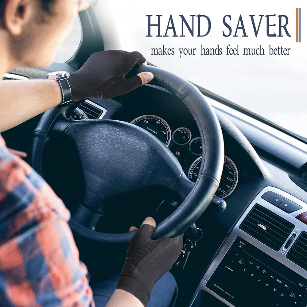 A person wearing black hand savers is shown gripping a car steering wheel.