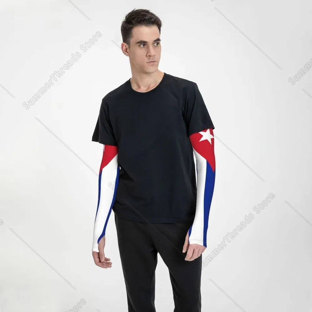A male model wearing a black t-shirt with red, white, and blue arm sleeves for UV protection.
