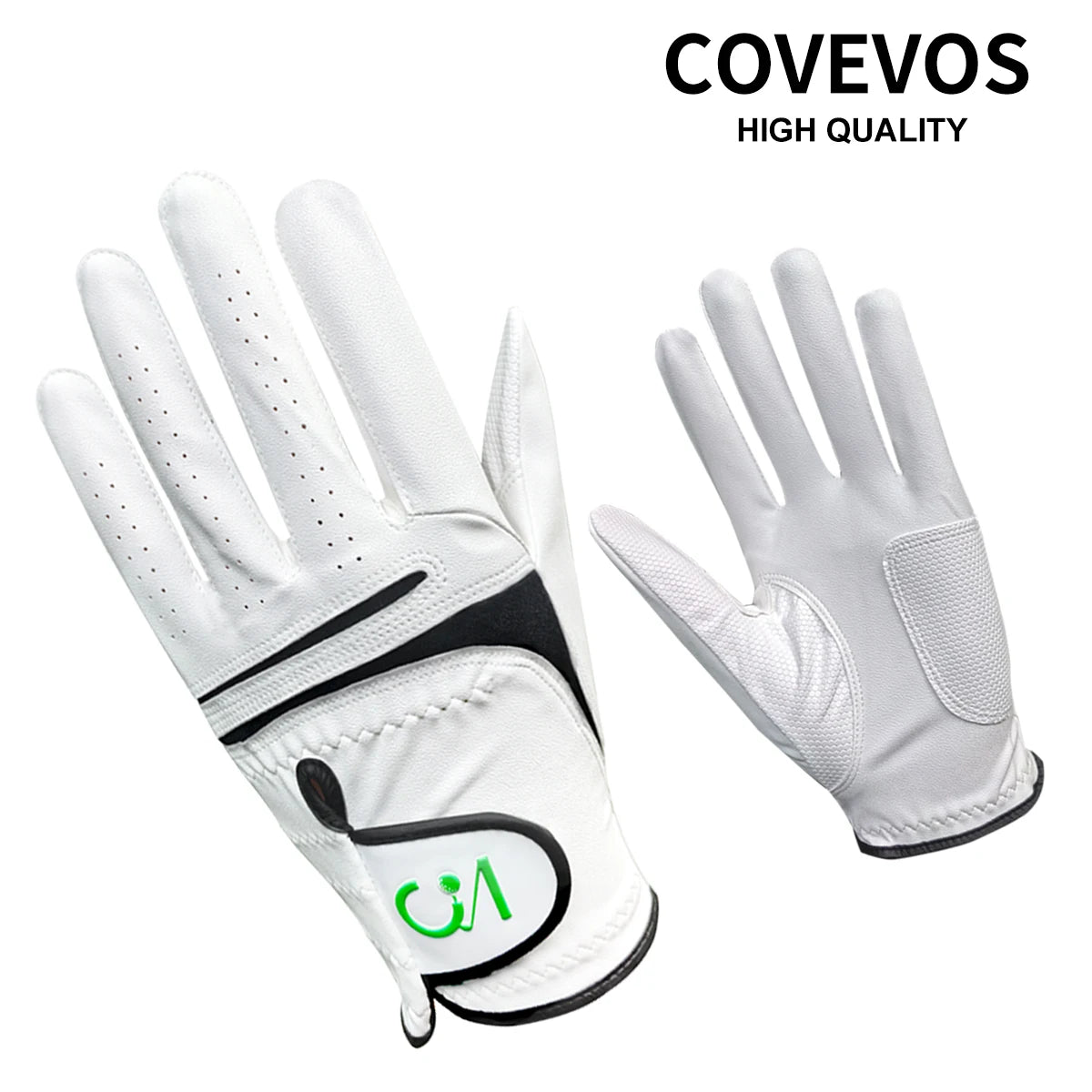 Un par de guantes de golf de cuero sintético (PU) premium blancos y negros