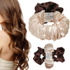 A set of heatless curling rod headbands in satin and velvet fabric shown on a model's hair.