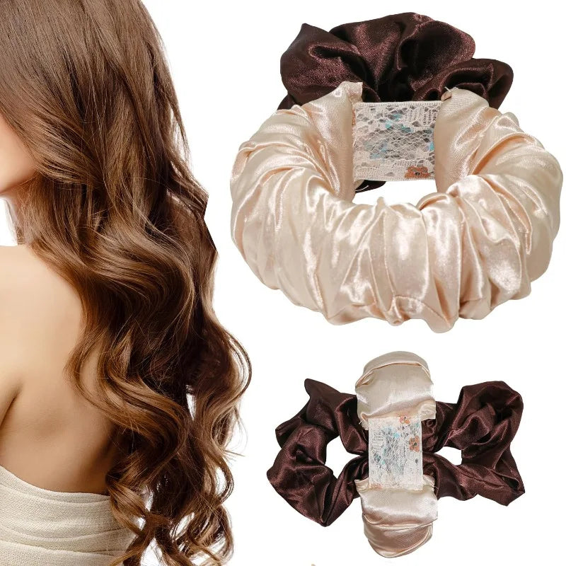 A set of heatless curling rod headbands in satin and velvet fabric shown on a model's hair.
