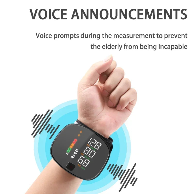 A hand is shown wearing a digital wrist blood pressure monitor with sound waves indicating voice announcements.