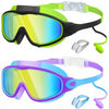 A pair of children's swim goggles in neon yellow and purple with accompanying earplugs and nose clip.