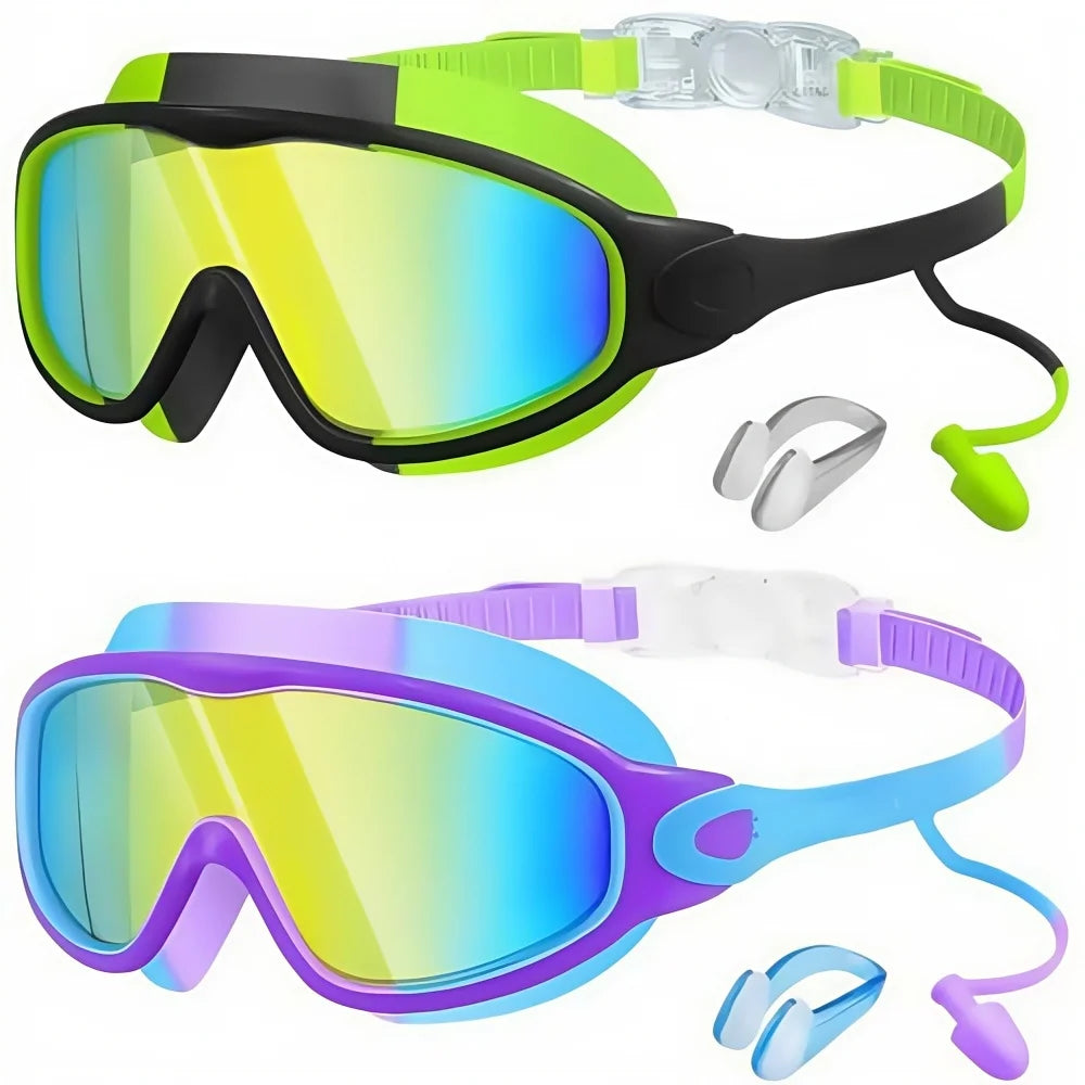 A pair of children's swim goggles in neon yellow and purple with accompanying earplugs and nose clip.