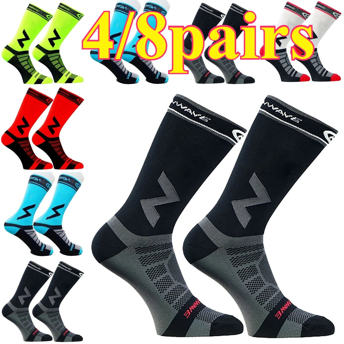 A collection of eight pairs of black and gray compression cycling socks displayed in various colors and angles.