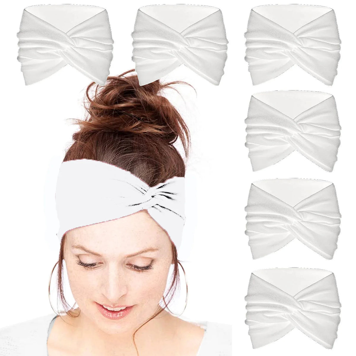 White fabric yoga headbands shown on a woman's head and separate for display