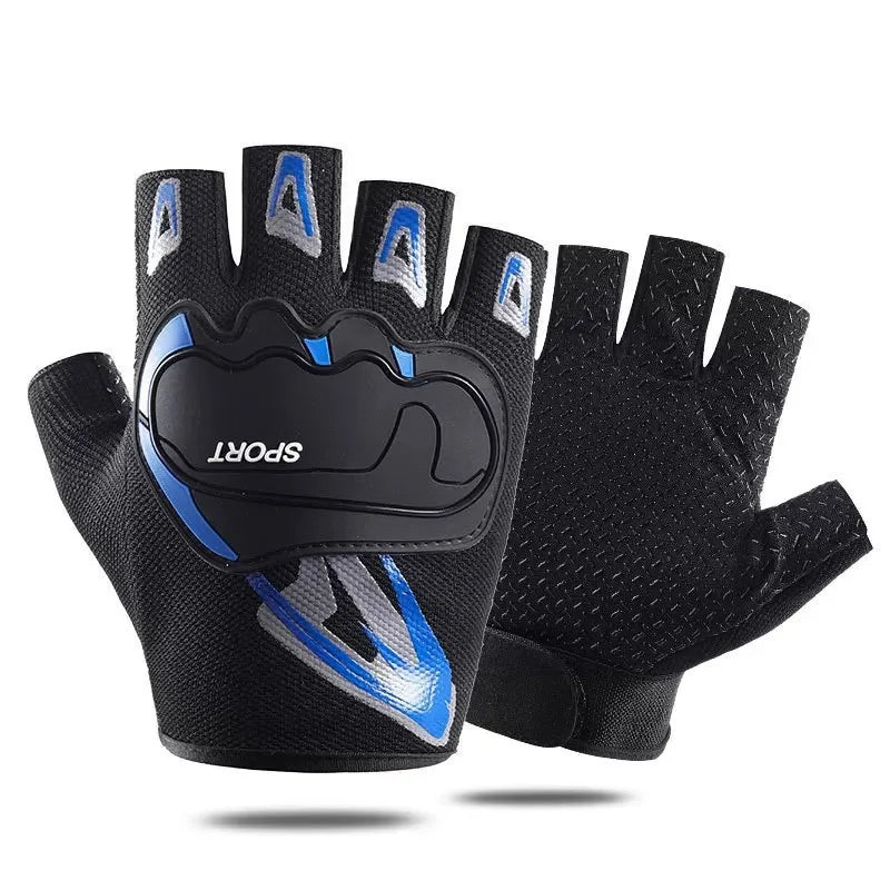 A pair of black cycling and fitness gloves with blue accents shown against a white background.