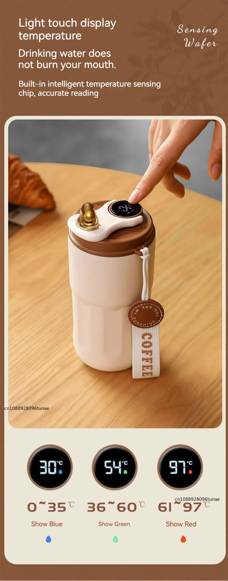 A hand touches the temperature display on a white thermo mug, showing a reading of 97 degrees.