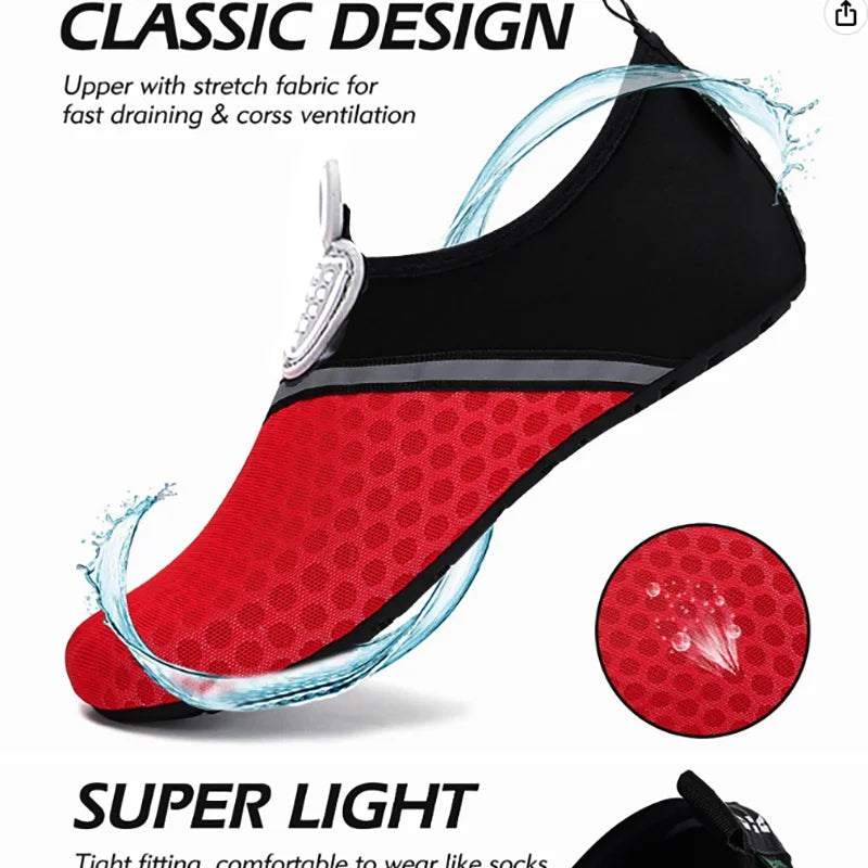 Black and red waterproof aqua socks with a mesh upper for fast draining and cross ventilation