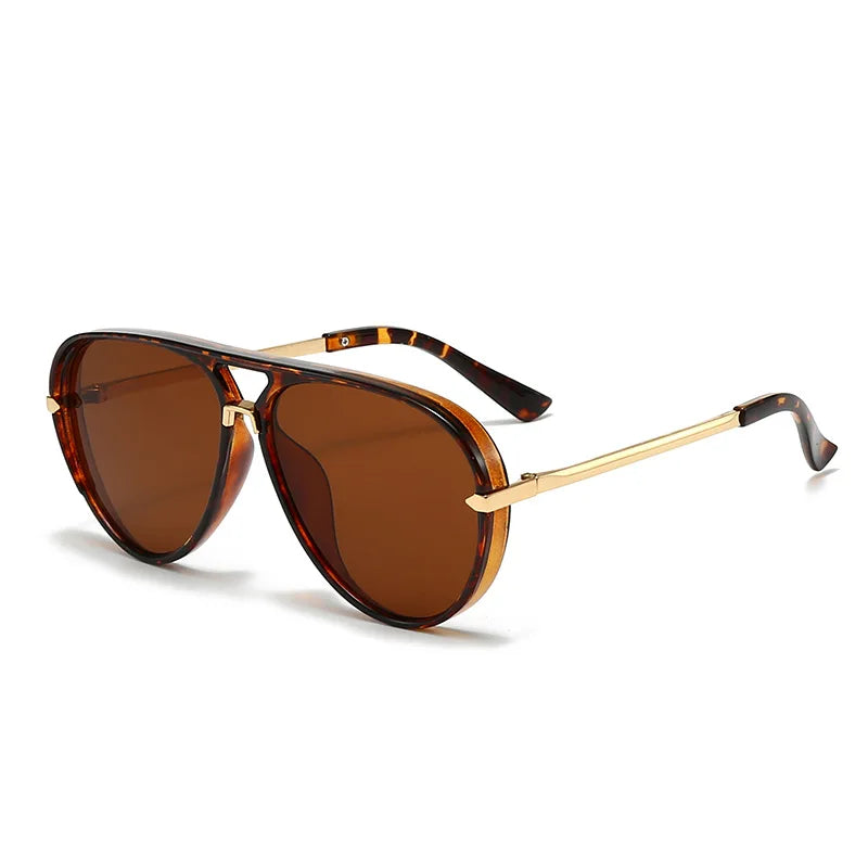 Brown tinted fashion protective sunglasses with gold-toned metal arms