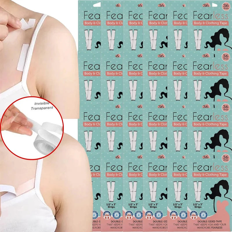 A grid of various sizes and colors of invisible double-sided fashion tape for clothing and repair.