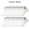 20 pairs of white ankle socks displayed in a row.