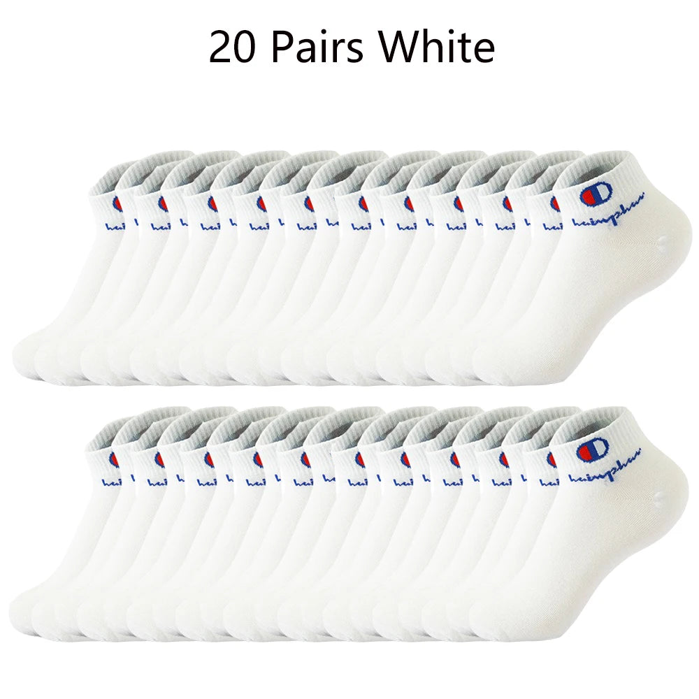 20 pairs of white ankle socks displayed in a row.