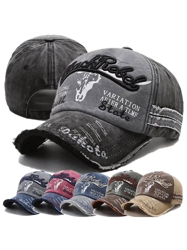 Vintage Washed Cotton Baseball Cap with Embroidered Cow Head