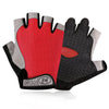 A pair of red and black breathable anti-slip gym workout gloves shown from above.