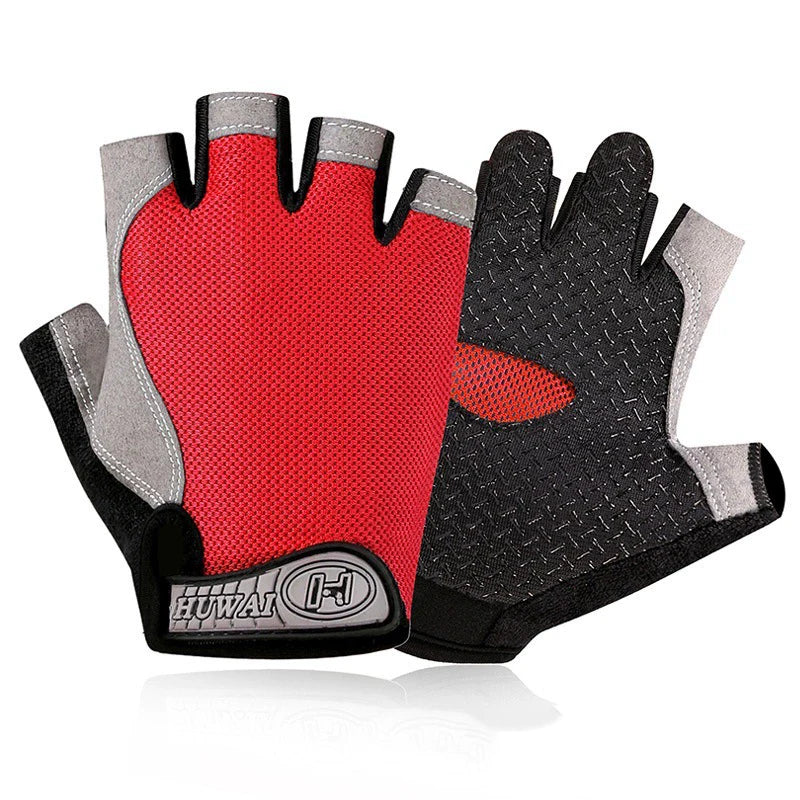 A pair of red and black breathable anti-slip gym workout gloves shown from above.