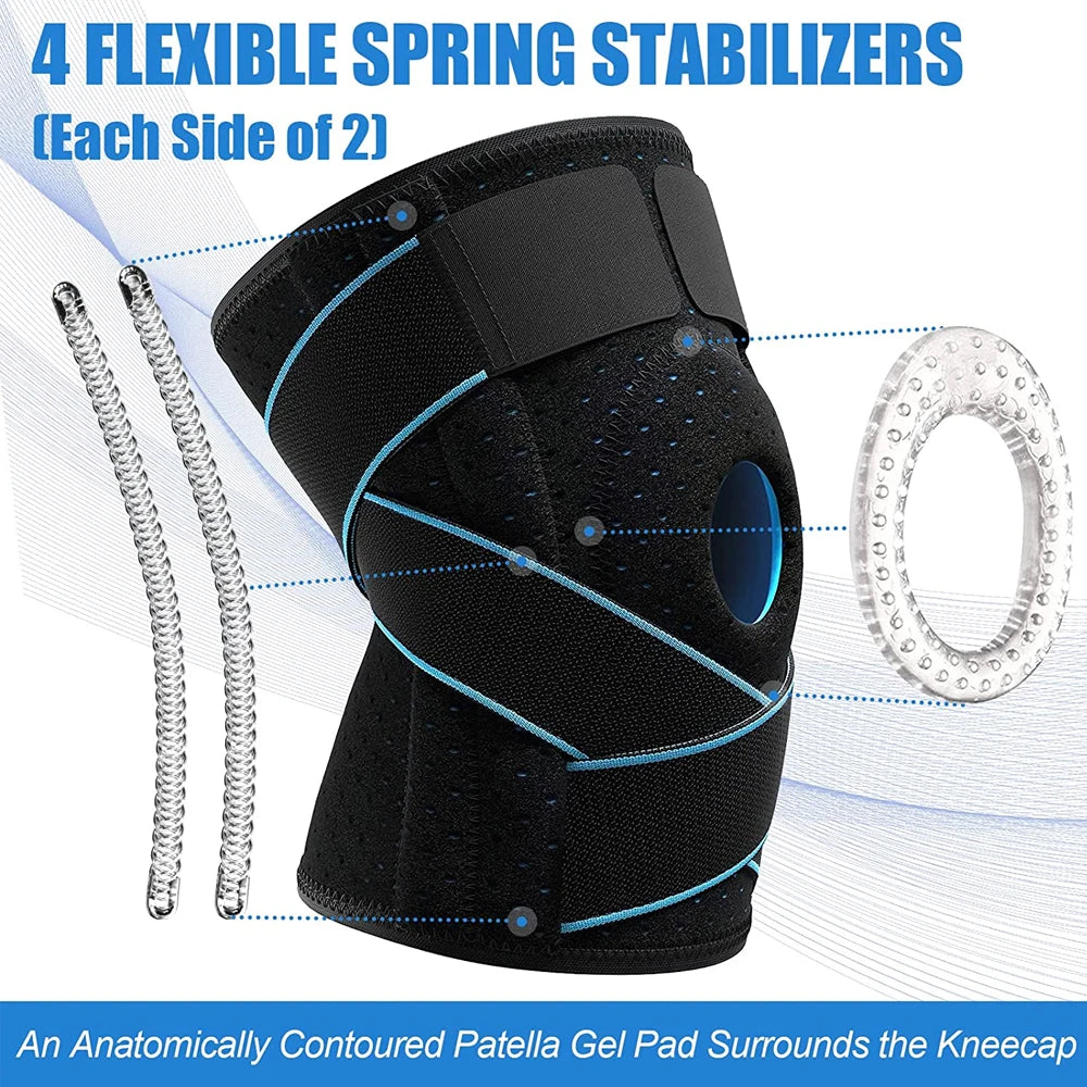 Black knee brace with four flexible spring stabilizers surrounding the kneecap gel pad