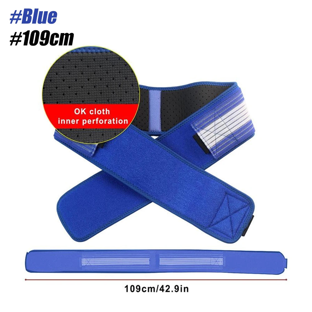 Blue adjustable pelvic support hip belt for lower back and SI joint relief shown in various forms.