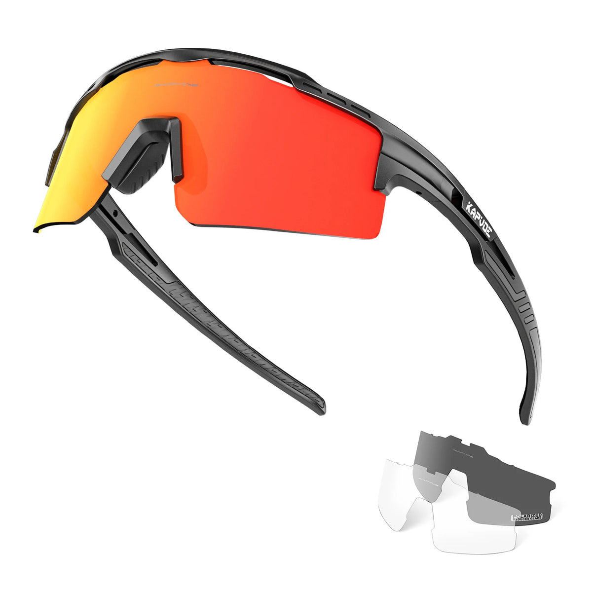 A pair of orange and yellow polarized sunglasses shown with a detached arm, highlighting the lens color and frame design.