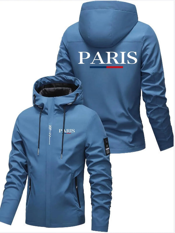 A blue men's windproof outer jacket with the word PARIS printed on the chest.